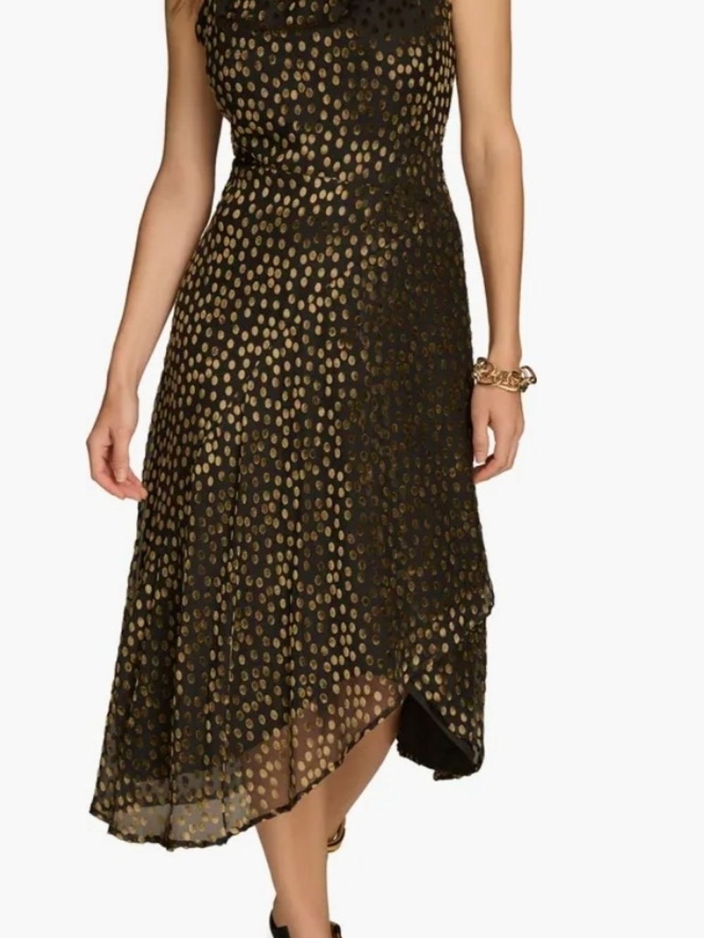 DONNA KARAN Black and Gold Polka Dot Midi Dress - Elegant Evening Dress